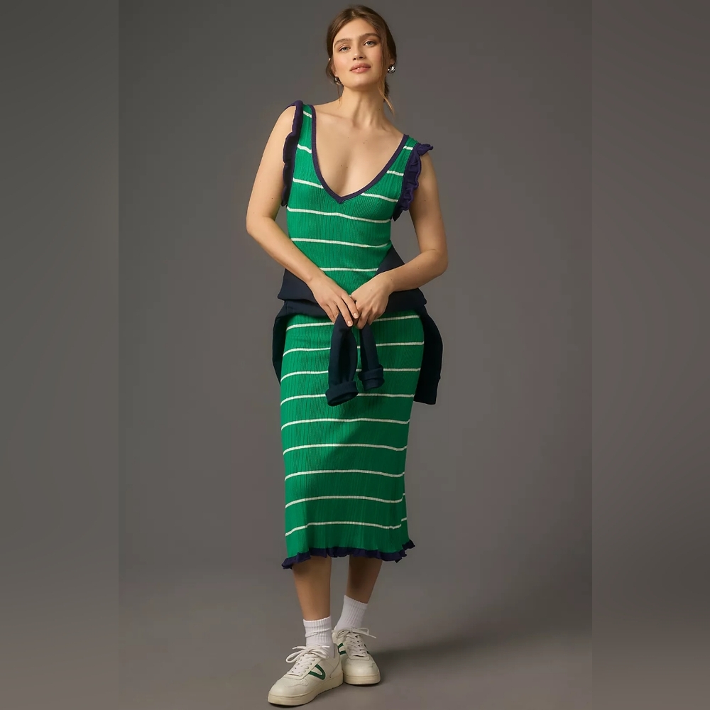 Daily Practice by Anthropologie Green and White Sleeveless V-Neck Maxi Sundress